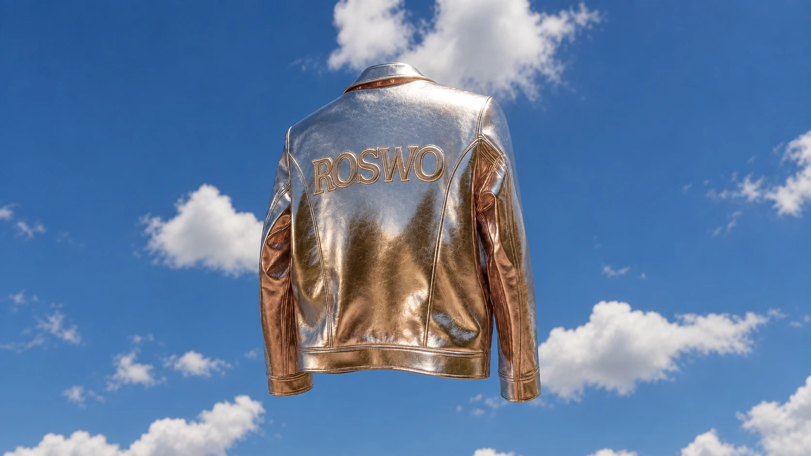 A metallic ROSWO jacket floating against a blue sky, introducing our in-house AI Studio.