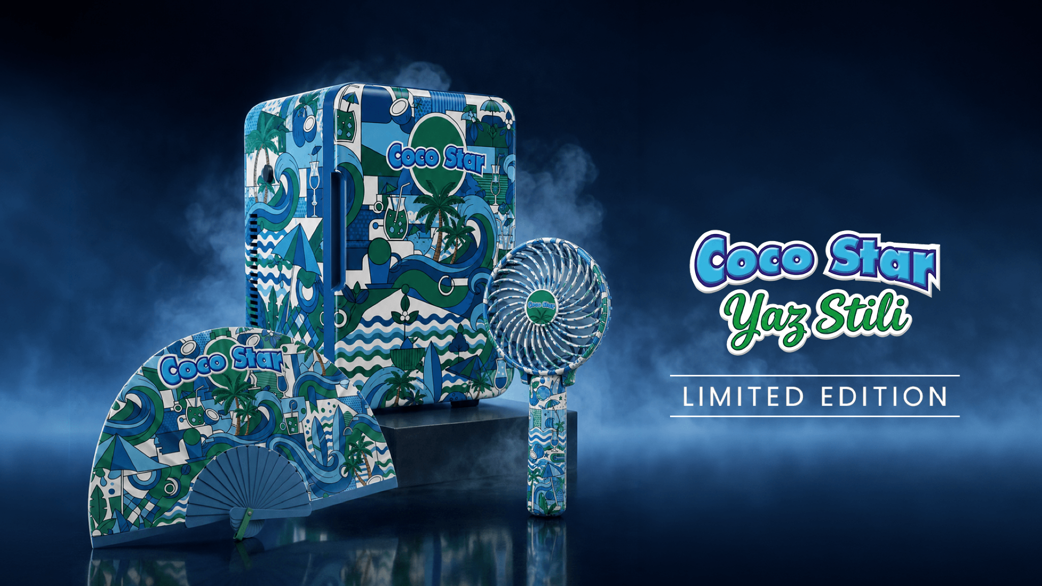 Limited-edition Coco Star Yaz Stili collection: a blue patterned mini fridge, deckchair and fans.