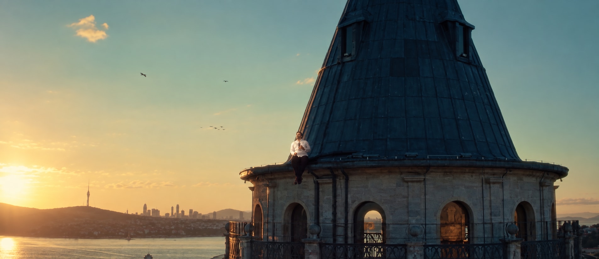 A man sits on Galata Tower above the Bosphorus at sunset in the Ülker Çikolata İstanbul campaign film.