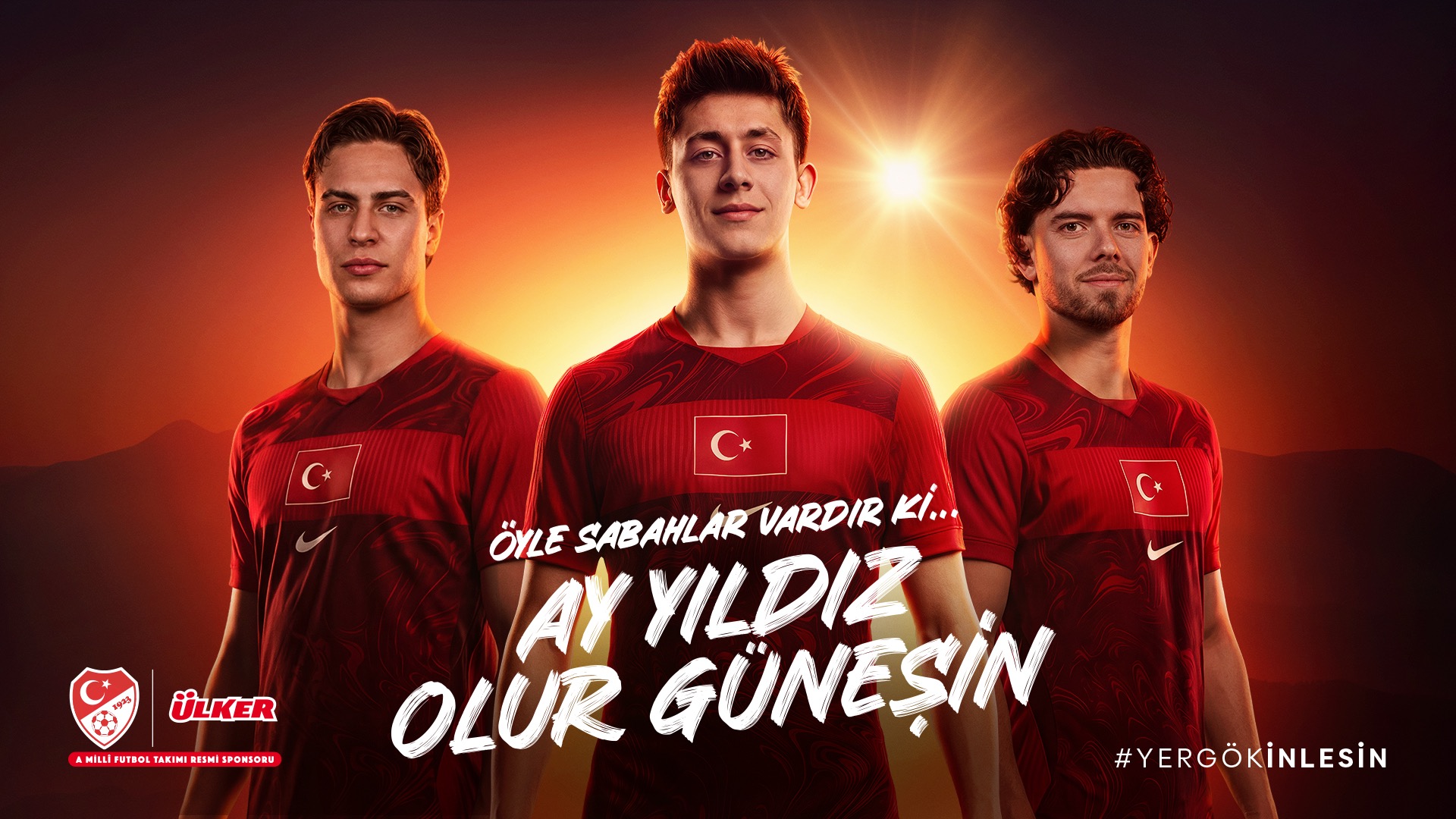 Ülker national football team campaign artwork: three players in red Türkiye shirts against the rising sun.