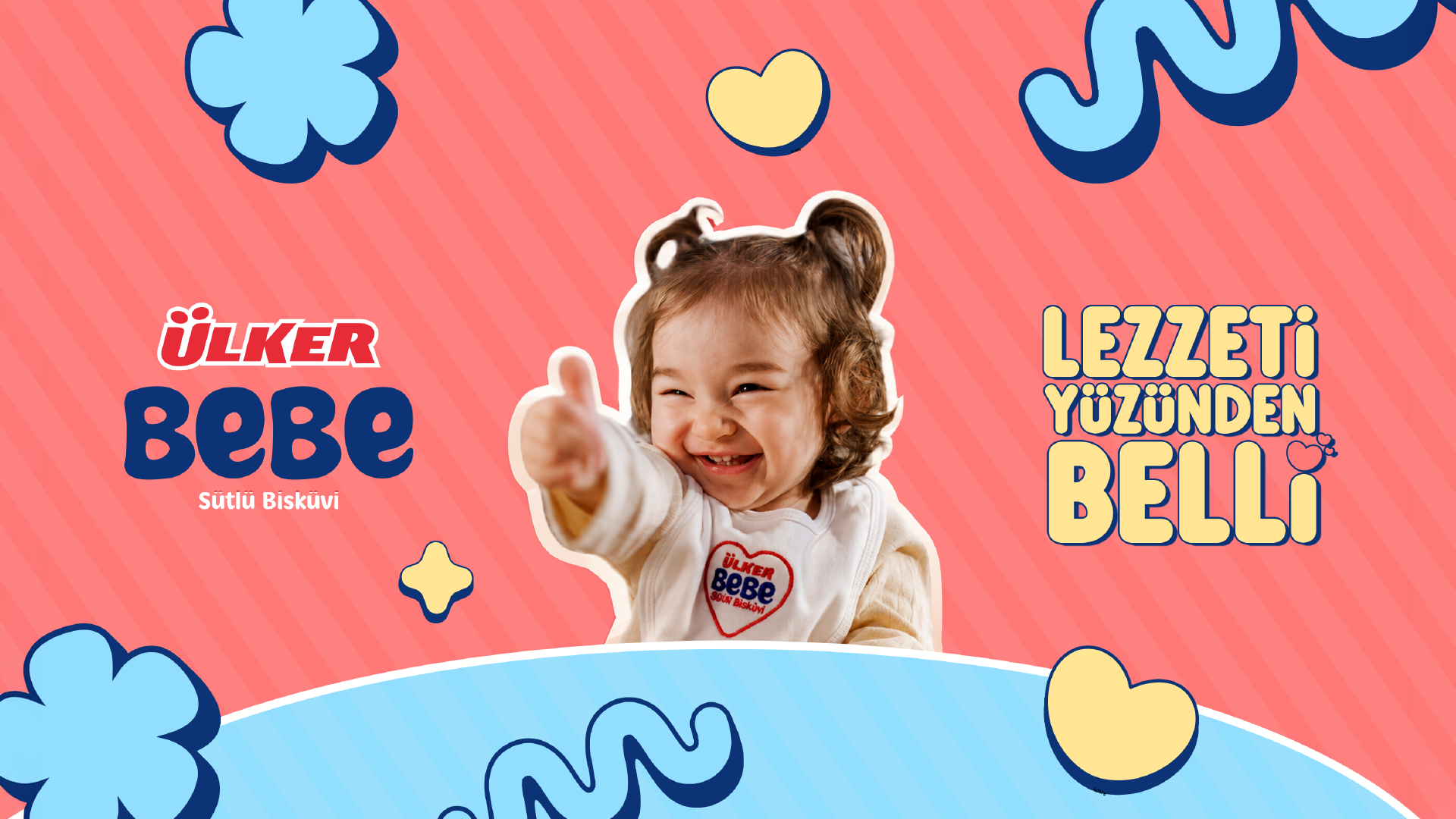 Ülker Bebe campaign artwork with a smiling baby and Lezzeti Yüzünden Belli lettering on a colourful pink and blue background.